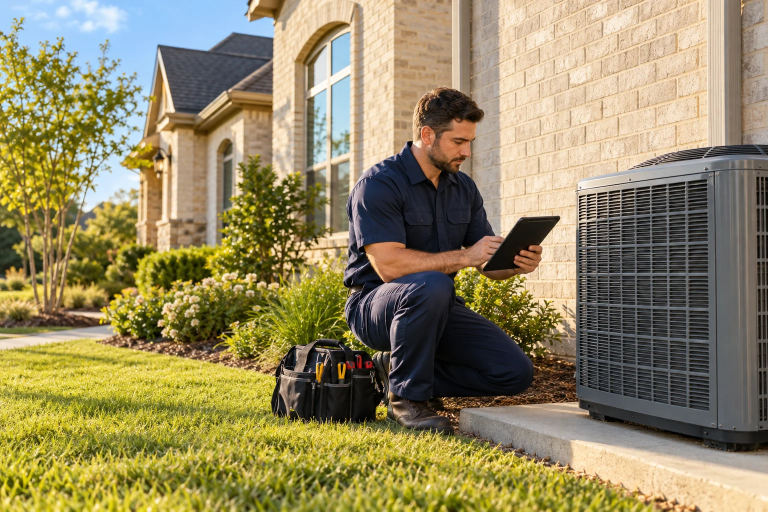 AI-generated illustration of a technician beside a residential cooling unit, not the company's team or work